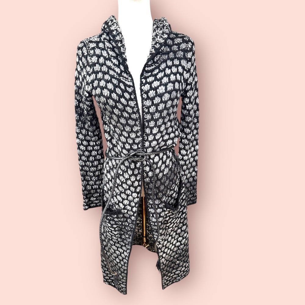 VERTIGO Black White Knit Open Front Hooded Long Cardigan Sweater XS